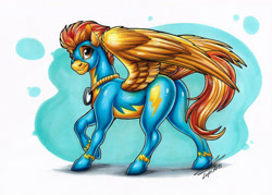 Size: 3407x2433 | Tagged: safe, artist:lupiarts, spitfire, pegasus, pony, g4, butt, clothes, copic, drawing, ears up, fanart, female, firebutt, folded wings, goggles, high res, illustration, jewelry, mare, markers, necklace, plot, raised hoof, raised tail, sexy, simple background, solo, spread wings, stupid sexy spitfire, tail, traditional art, uniform, white background, wings, wonderbolts, wonderbolts uniform