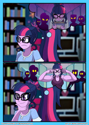 Size: 1280x1811 | Tagged: safe, artist:dncsamsonart, sci-twi, twilight sparkle, human, equestria girls, g4, my little pony equestria girls: friendship games, alternate ending, biceps, book, bookshelf, clothes, comic, commission, crystal prep, crystal prep academy, crystal prep academy students, crystal prep academy uniform, eyes closed, female, glare, glasses, grin, hallway, lockers, monitor, muscles, muscular female, sad, school uniform, sci-twi muscle, smiling, thinking, thought bubble, twilight muscle, what if