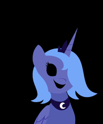 Size: 1000x1200 | Tagged: safe, artist:askloona, princess luna, alicorn, pony, loony luna, g4, 2023, black background, black sclera, creepy, female, hair over one eye, mare, s1 luna, simple background, smiling, solo