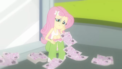 Size: 1280x720 | Tagged: safe, screencap, fluttershy, human, equestria girls, g4, my little pony equestria girls, boots, clothes, flyer, polka dot socks, sad face, shoes, sitting, skinny, socks, thin