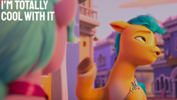 Size: 2000x1125 | Tagged: safe, edit, edited screencap, editor:quoterific, screencap, dahlia, hitch trailblazer, earth pony, pony, g5, growing pains, my little pony: make your mark, my little pony: make your mark chapter 2, spoiler:g5, blaze (coat marking), coat markings, duo, facial markings, female, male, mare, socks (coat markings), stallion