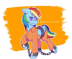 Size: 2047x1667 | Tagged: safe, artist:ponkdy_, rainbow dash, pegasus, pony, g4, bound wings, chained, chains, clothes, cuffed, cuffs, frustrated, jumpsuit, never doubt rainbowdash69's involvement, orange background, prison outfit, prisoner rd, shackles, simple background, solo, wings
