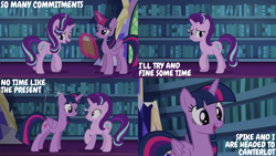 Size: 2000x1125 | Tagged: safe, edit, edited screencap, editor:quoterific, screencap, starlight glimmer, twilight sparkle, alicorn, pony, unicorn, every little thing she does, g4, season 6, duo, duo female, female, implied spike, magic, mare, telekinesis, twilight sparkle (alicorn), twilight's castle