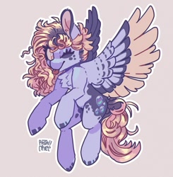 Size: 1176x1200 | Tagged: safe, artist:pastacrylic, derpy hooves, oc, oc:winter bloom, pegasus, pony, g4, ;p, chest fluff, colored wings, colored wingtips, female, flying, mare, one eye closed, redesign, simple background, smiling, solo, tongue out, wings, wink