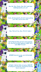 Size: 2045x3520 | Tagged: safe, gameloft, mean twilight sparkle, rainbow dash, rarity, spike, alicorn, dragon, pegasus, pony, unicorn, g4, my little pony: magic princess, claws, dialogue, dialogue box, english, event, female, high res, horn, male, mare, mobile game, speech bubble, spread wings, text, winged spike, wings