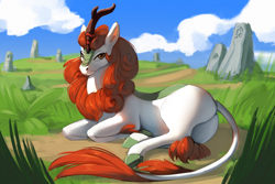 Size: 3000x2000 | Tagged: safe, artist:gela-g-i-s-gela, autumn blaze, kirin, g4, blazebutt, butt, female, field, grass, high res, hoers, looking at you, lying down, on side, plot, sky, smiling, smiling at you, solo