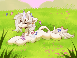 Size: 4000x3000 | Tagged: oc name needed, safe, artist:sugarstar, oc, oc only, butterfly, pony, unicorn, art trade, crystal horn, eyes closed, flower, grass, grass field, horn, lying down, smiling, solo, unicorn oc