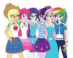 Size: 5156x4102 | Tagged: safe, artist:happyb0y95, applejack, fluttershy, pinkie pie, rainbow dash, rarity, sci-twi, twilight sparkle, human, equestria girls 10th anniversary, equestria girls, g4, 1000 hours in ms paint, absurd resolution, applejack's hat, blushing, clothes, cowboy hat, female, grin, hand on hip, hat, humane five, humane six, jacket, jewelry, looking at each other, looking at someone, multicolored hair, necklace, pants, rainbow, rainbow hair, shirt, simple background, skirt, smiling, standing, teeth, white background, wristband
