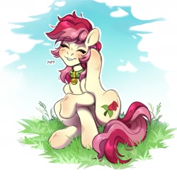 Size: 2007x2007 | Tagged: safe, artist:joowik, roseluck, earth pony, pony, g4, behaving like a cat, closed mouth, collar, commission, commissioner:doom9454, cute, cyrillic, eyes closed, female, high res, mare, pet tag, pony pet, purring, rosepet, russian, scratching, solo, teeth, translated in the description