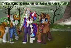 Size: 3543x2412 | Tagged: safe, artist:appleneedle, part of a set, oc, oc only, oc:littlepip, oc:snowi, oc:strawberry cocoa (the coco clan), monster pony, pony, unicorn, fallout equestria, anklet, blade, blaze (coat marking), blue eyes, blue mane, blue tail, brown coat, brown tail, clothes, coat markings, colored hooves, commission, cute, day, detailed background, ears up, environment, eyelashes, eyes on the prize, eyes open, facial markings, fallout, female, female oc, floating heart, food, friends, green eyes, heart, high res, hoof ring, horn, implied lesbian, jacket, jewelry, jumpsuit, larger female, leg fluff, lidded eyes, long mane, looking at each other, looking at someone, magic, magic aura, mane, mare, mist, multicolored mane, nature, ocbetes, part of a series, pony oc, post-apocalyptic, raised hoof, red eyes, red mane, red tail, segmented tail, size difference, smaller female, smiling, strawberry, tail, telekinesis, tree, trio, trio female, two toned coat, two toned mane, two toned tail, unicorn oc, vault suit