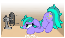 Size: 1200x699 | Tagged: safe, artist:silvaqular, oc, oc only, oc:cyanette, earth pony, pony, animated, blinking, fan, gradient background, hair physics, heat, multicolored hair, multicolored mane, solo, tired