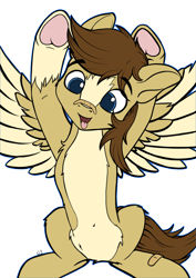 Size: 2480x3508 | Tagged: safe, artist:playful wings, oc, oc only, oc:buttercup, pegasus, pony, bandaid, bandaid on nose, belly, belly button, countershading, high res, pale belly, silly, silly pony, simple background, solo, tongue out, transparent background