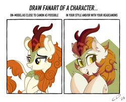 Size: 1280x1028 | Tagged: safe, artist:rieyadraws, derpibooru exclusive, autumn blaze, kirin, g4, awwtumn blaze, blushing, challenge, cloven hooves, cute, drawing meme, ear fluff, horn, looking at you, open mouth, raised hoof, rearing, show accurate, simple background, smiling, smiling at you, solo, white background, yellow eyes