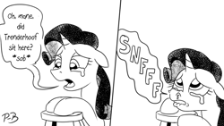 Size: 1200x675 | Tagged: safe, artist:pony-berserker, rarity, pony-berserker's twitter sketches, pony-berserker's twitter sketches (2023), g4, female, implied trenderhoof, monochrome, simp, simple background, sniffing, solo, stool, white background