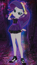 Size: 1179x2048 | Tagged: safe, artist:flutteryaylove, rarity, human, equestria girls 10th anniversary, equestria girls, g4, clothes, crown, dress, forest, forest background, gala dress, glowing, jewelry, legs, looking at you, regalia, smiling