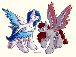 Size: 2048x1536 | Tagged: safe, artist:inkbl0t, oc, oc only, oc:aurora, oc:skyfire lumia, pegasus, pony, wolf, wolf pony, blue mane, commission, couple, gray coat, paw pads, paws, red mane, spread wings, white coat, wings