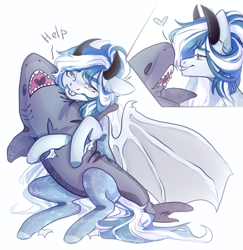 Size: 3775x3876 | Tagged: safe, artist:dreamyrat, oc, oc only, bat pony, pony, shark, bat pony oc, bat wings, blue eyes, blue mane, commission, dialogue, female, forked tongue, high res, horn, hug, looking at you, mare, open mouth, plushie, shark plushie, simple background, smiling, smiling at you, solo, squeeze, squeezing, tail, tongue out, toy, two toned mane, two toned tail, white mane, wings