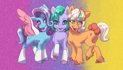 Size: 3024x1724 | Tagged: safe, artist:arky2000, glory (g5), peach fizz, seashell (g5), earth pony, pegasus, pony, unicorn, g5, open mouth, pippsqueak trio, pippsqueaks