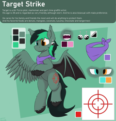 Size: 3815x3988 | Tagged: safe, artist:monycaalot, oc, oc:target strike, bat pony, hybrid, pegabat, pegasus, pony, bandana, commission, cutie mark, fangs, high res, hooves, male, reference sheet, simple background, spread wings, transparent background, wings