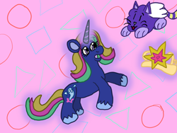 Size: 1000x750 | Tagged: safe, artist:mintwhistle, oc, oc only, oc:auri spectre, cat, pony, unicorn, g4, g5, abstract background, atg 2023, big crown thingy, chaos, colored hooves, crown, duo, element of magic, female, floating, flying cat, g5 oc, glowing, glowing horn, horn, jewelry, levitation, magic, magic aura, mare, medibang paint, newbie artist training grounds, open mouth, open smile, pegacat, regalia, self-levitation, smiling, telekinesis, unicorn oc, unshorn fetlocks