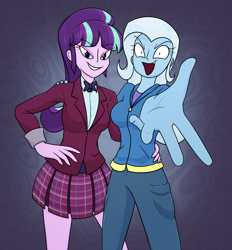 Size: 1794x1932 | Tagged: safe, artist:moonatik, starlight glimmer, trixie, human, equestria girls 10th anniversary, equestria girls, g4, abstract background, bowtie, breasts, clothes, crystal prep academy uniform, cuffs (clothes), duo, eyeshadow, female, hand, hand on hip, hoodie, lesbian, looking at you, makeup, pants, pleated skirt, s5 starlight, school uniform, ship:startrix, shipping, shirt, skirt