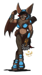 Size: 1500x2700 | Tagged: safe, alternate version, artist:alquimis, oc, oc only, oc:rouse black, bat pony, anthro, semi-anthro, arm hooves, armor, bat wings, breasts, female, gun, hooves, mane, quake, rocket launcher, saw, simple background, solo, transparent background, weapon, wings