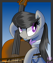Size: 2500x3000 | Tagged: safe, artist:notadeliciouspotato, octavia melody, earth pony, pony, g4, abstract background, atg 2023, bow, bust, cello, female, gradient background, high res, mare, musical instrument, necktie, newbie artist training grounds, signature, smiling, solo
