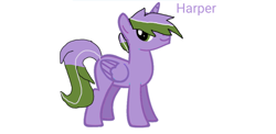 Size: 880x431 | Tagged: safe, oc, oc only, oc:harper, alicorn, pony, base used, genderqueer, genderqueer pride flag, green eyes, pride, pride flag, purple coat, simple background, solo, striped mane, striped tail, tail, text, two toned mane, two toned tail, white background