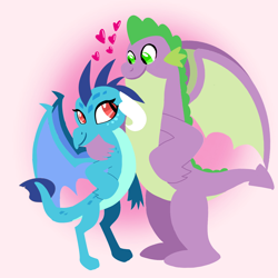 Size: 1400x1400 | Tagged: safe, artist:mlplary6, princess ember, spike, dragon, g4, boyfriend and girlfriend, duo, female, gigachad spike, heart, looking at each other, looking at someone, love, male, older, older spike, ship:emberspike, shipping, smiling, smiling at each other, straight, winged spike, wings