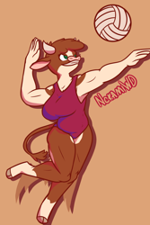 Size: 2000x3000 | Tagged: safe, artist:nokamiwd, arizona (tfh), cow, anthro, unguligrade anthro, them's fightin' herds, belly, breasts, busty arizona, chubby, clothes, cloven hooves, community related, female, grin, high res, musclegut, muscles, muscular female, one-piece swimsuit, signature, simple background, smiling, solo, sports, swimsuit, tan background, volleyball