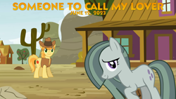 Size: 2064x1161 | Tagged: safe, artist:floppychiptunes, artist:mrkupkake, braeburn, marble pie, earth pony, pony, g4, 2023, appleloosa, braeble, cowboy, duo, female, june, looking at you, male, mare, shipping, shy, smiling, smiling at you, song reference, stallion, straight, teacher, youtube link in the description