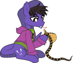Size: 1650x1434 | Tagged: safe, artist:lightningbolt, derpibooru exclusive, cobra, king cobra, original species, pony, snake, snake pony, g4, .svg available, clothes, cobra starship, fangs, forked tongue, gabe saporta, hood, hoodie, lidded eyes, long sleeves, looking down, male, ponified, raised hoof, scales, shirt, show accurate, simple background, sitting, smiling, snake tail, solo, stallion, svg, t-shirt, tail, transparent background, vector