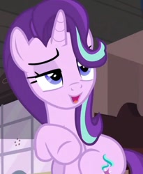 Size: 833x1014 | Tagged: safe, screencap, starlight glimmer, pony, unicorn, g4, season 7, uncommon bond, cropped, female, lidded eyes, mare, sitting, solo, train station