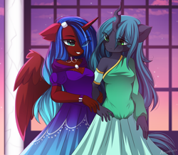 Size: 2564x2231 | Tagged: safe, artist:airiniblock, queen chrysalis, oc, oc:aine aisling, alicorn, changeling, anthro, g4, anthro oc, clothes, cute, cutealis, dress, duo, female, high res, wings