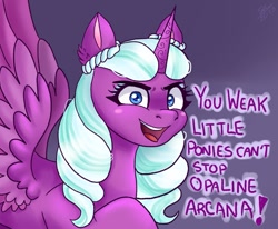 Size: 965x794 | Tagged: safe, artist:galaxy swirl, opaline arcana, alicorn, pony, g5, my little pony: make your mark, my little pony: make your mark chapter 4, spoiler:g5, spoiler:my little pony: make your mark chapter 4, antagonist, blatant lies, boasting, bragging, dialogue, female, mare, open mouth, open smile, ringlets, signature, smiling, solo, spread wings, tempting fate, villainess, wings
