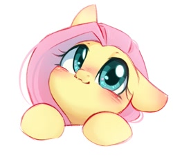 Size: 935x885 | Tagged: safe, artist:melodylibris, fluttershy, pegasus, pony, g4, :3, blushing, bust, cute, daaaaaaaaaaaw, ear blush, female, floppy ears, looking up, mare, one ear down, shyabetes, simple background, smiling, solo, weapons-grade cute, white background