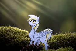 Size: 5568x3712 | Tagged: safe, artist:bumskuchen, derpy hooves, pegasus, pony, g4, concave belly, forest, happy, irl, nature, newbie artist training grounds, paper pony, photo, ponies in real life, solo, standing