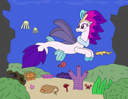 Size: 3093x2396 | Tagged: safe, artist:supahdonarudo, queen novo, crab, fish, jellyfish, seapony (g4), shark, starfish, g4, my little pony: the movie, atg 2023, bubble, clam, collar, coral, crown, dorsal fin, female, fin, fin wings, fins, fish tail, high res, jewelry, newbie artist training grounds, ocean, regalia, seaweed, smiling, solo, swimming, tail, underwater, water, wings