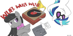 Size: 1280x640 | Tagged: safe, artist:addelum, dj pon-3, octavia melody, vinyl scratch, earth pony, pony, unicorn, g4, atg 2023, duo, female, mare, newbie artist training grounds, octavia is not amused, phonograph, record, record player, simple background, tricked, unamused, upside down, white background, wub