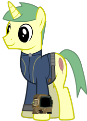 Size: 1185x1636 | Tagged: safe, artist:php170, oc, oc only, oc:daniel, pony, unicorn, fallout equestria, clothes, fallout, horn, jumpsuit, male, male oc, pipboy, ponytail, simple background, smiling, solo, stallion, tail, transparent background, unicorn oc, vault suit, vector, wings