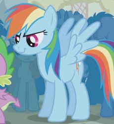 Size: 470x510 | Tagged: safe, screencap, rainbow dash, pegasus, pony, boast busters, g4, my little pony: friendship is magic, cropped, crowd, female, mare, ponyville, solo focus, spread wings, standing, wings