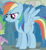 Size: 470x510 | Tagged: safe, screencap, carrot top, golden harvest, pokey pierce, rainbow dash, rainbowshine, spike, dragon, pegasus, pony, boast busters, g4, my little pony: friendship is magic, season 1, cropped, crowd, female, mare, ponyville, solo focus, spread wings, standing, wingless spike, wings