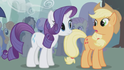 Size: 789x444 | Tagged: safe, screencap, applejack, candy mane, carrot top, doctor whooves, golden harvest, rainbowshine, rarity, time turner, earth pony, pony, unicorn, boast busters, g4, season 1, applebetes, applejack's hat, cowboy hat, cropped, crowd, cute, duo focus, female, freckles, frown, grass, hat, looking at each other, looking at someone, looking back, mare, open mouth, palindrome get, raribetes, standing, tree