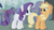 Size: 789x444 | Tagged: safe, screencap, applejack, candy mane, carrot top, doctor whooves, golden harvest, rainbowshine, rarity, time turner, earth pony, pony, unicorn, boast busters, g4, season 1, applebetes, applejack's hat, cowboy hat, cropped, crowd, cute, duo focus, female, freckles, frown, grass, hat, looking at each other, looking at someone, looking back, mare, open mouth, palindrome get, raribetes, standing, tree