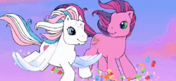 Size: 600x275 | Tagged: safe, screencap, skywishes, star catcher, butterfly, earth pony, pegasus, pony, dancing in the clouds, g3, animated, cloud, cropped, duo, female, flying, gif, header, looking at each other, looking at someone, mare, shipping fuel, talking, windswept mane