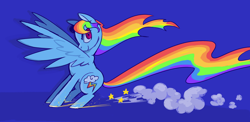 Size: 2048x997 | Tagged: safe, artist:cracklewink, rainbow dash, pegasus, pony, g4, blue background, dust, landing, simple background, sliding, solo, spread wings, wings