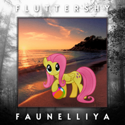 Size: 1280x1280 | Tagged: safe, artist:fluttershydairryxis, artist:fluttershyfaunelliya, edit, editor:shadowdream, fluttershy, pegasus, pony, g4, album cover, beach, beach ball, cover, forest, music, ponified, ponified album cover, solo, sunset