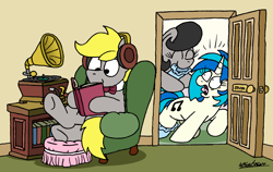 Size: 2412x1521 | Tagged: safe, artist:bobthedalek, dj pon-3, vinyl scratch, oc, oc:mixed melody, oc:octavia's father, oc:octavia's mother, oc:ostinato melody, earth pony, pony, unicorn, g4, atg 2023, book, booties, chair, female, gramophone, headphones, husband and wife, male, mare, mothers gonna mother, mouth hold, newbie artist training grounds, non-consensual dressing, oblivious, screaming, smiling, stallion, trio