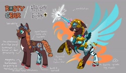Size: 4096x2374 | Tagged: safe, artist:cracklewink, oc, oc only, oc:rusty gear, earth pony, original species, pony, g4, amputee, artificial wings, augmented, braid, braided ponytail, braided tail, goggles, goggles on head, horse shoes, ponytail, prosthetic horn, prosthetic limb, prosthetic wing, prosthetics, solo, star pony, tail, wings