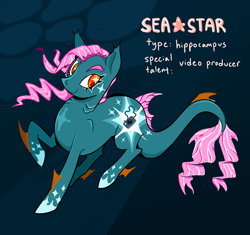 Size: 2047x1927 | Tagged: safe, artist:cracklewink, oc, oc only, oc:sea star, hippocampus, merpony, original species, pony, dorsal fin, eyelashes, female, fin, fins, flowing mane, flowing tail, ocean, smiling, solo, swimming, tail, underwater, water